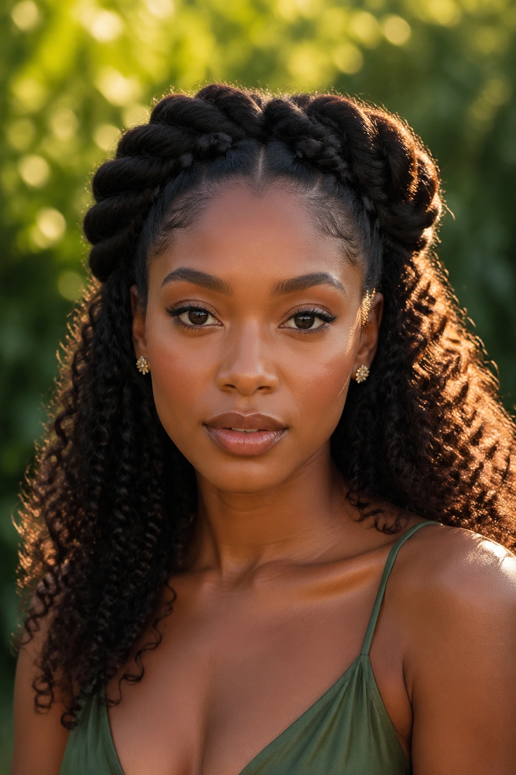 Front portrait of a woman with a twisted crown and cascading curls.