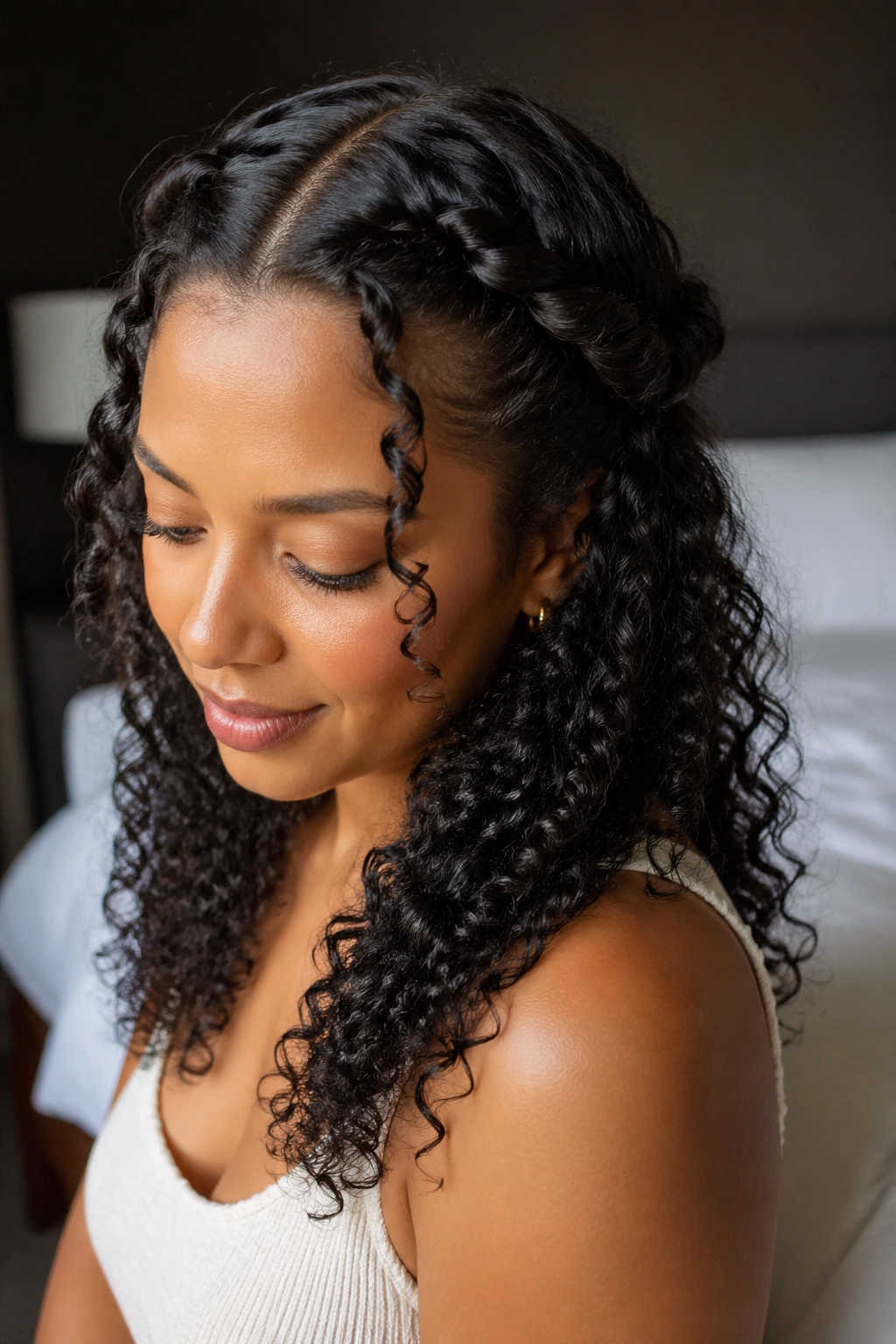 Close-up of a real woman's crown twists with loose curls framing her face.