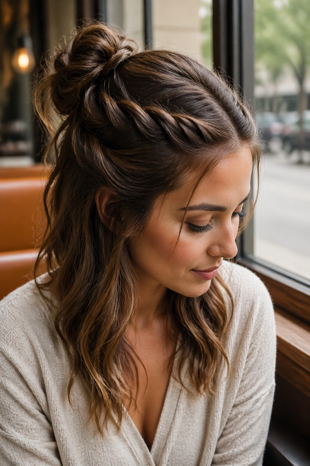 Real woman wearing a twisted crown half bun in a cafe setting