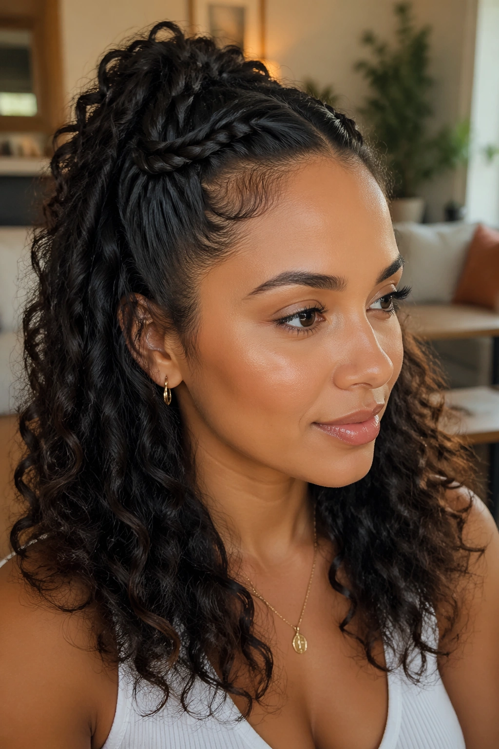 Close-up portrait of a real woman showing the twisted crown half ponytail hairstyle