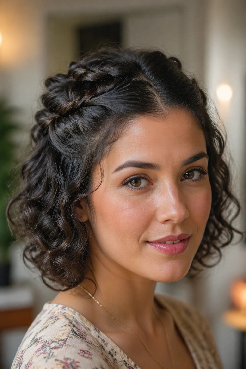 Close-up of real woman with two soft twists near the crown on short curls.