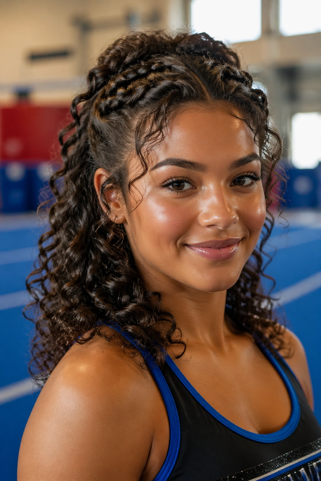 Twisted crown half-up hairstyle on a real person with curls