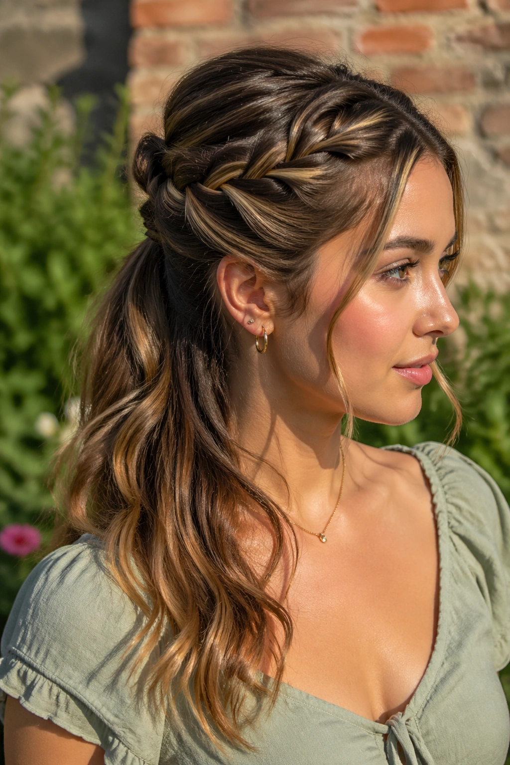 Close-up of a twisted crown half-up ponytail on a real woman in an outdoor garden
