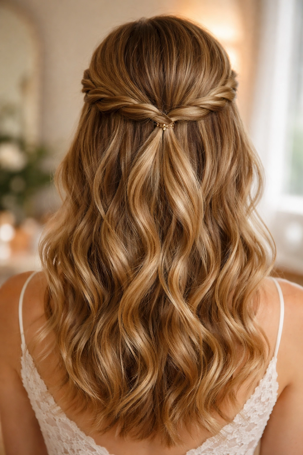 Close-up of a real woman wearing a Twisted Crown Half-Up with soft waves