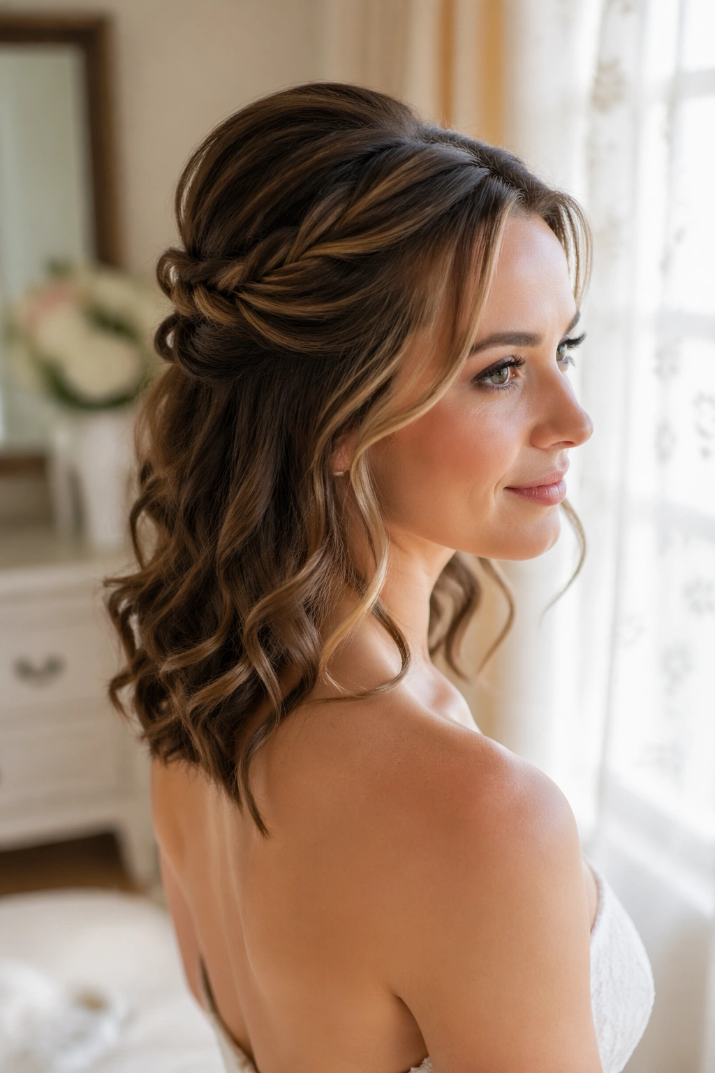 Close-up of a real bride wearing a soft twisted crown half-up hairstyle on medium-length hair