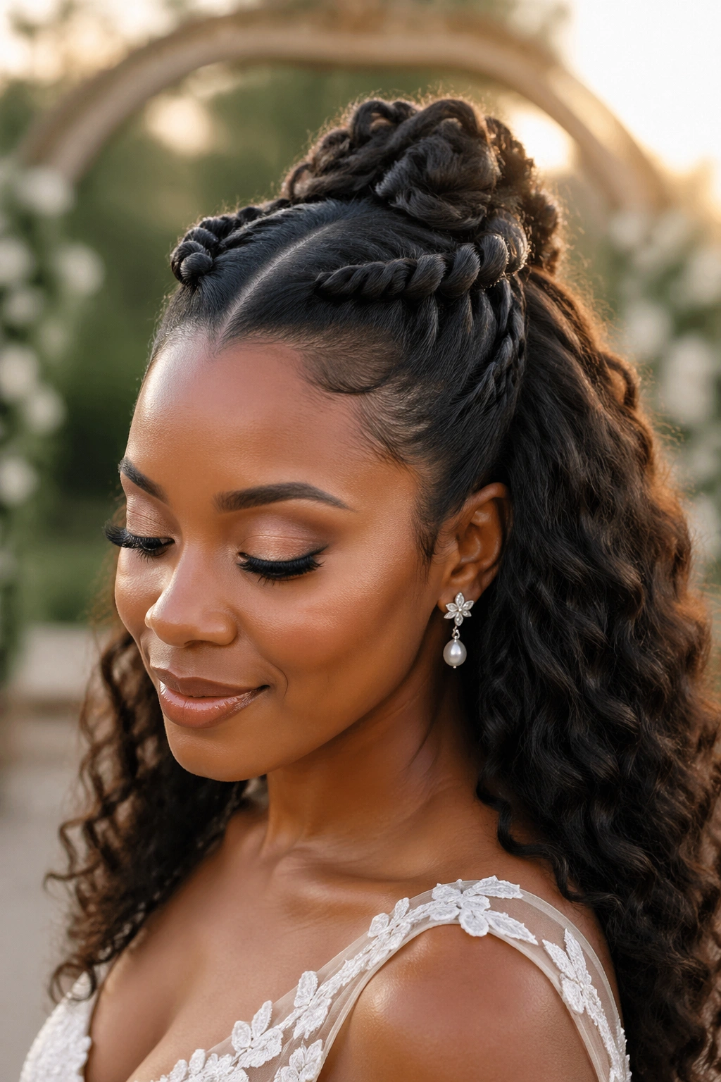 Close-up of a bride with twisted crown half-up hairstyle in an outdoor setting