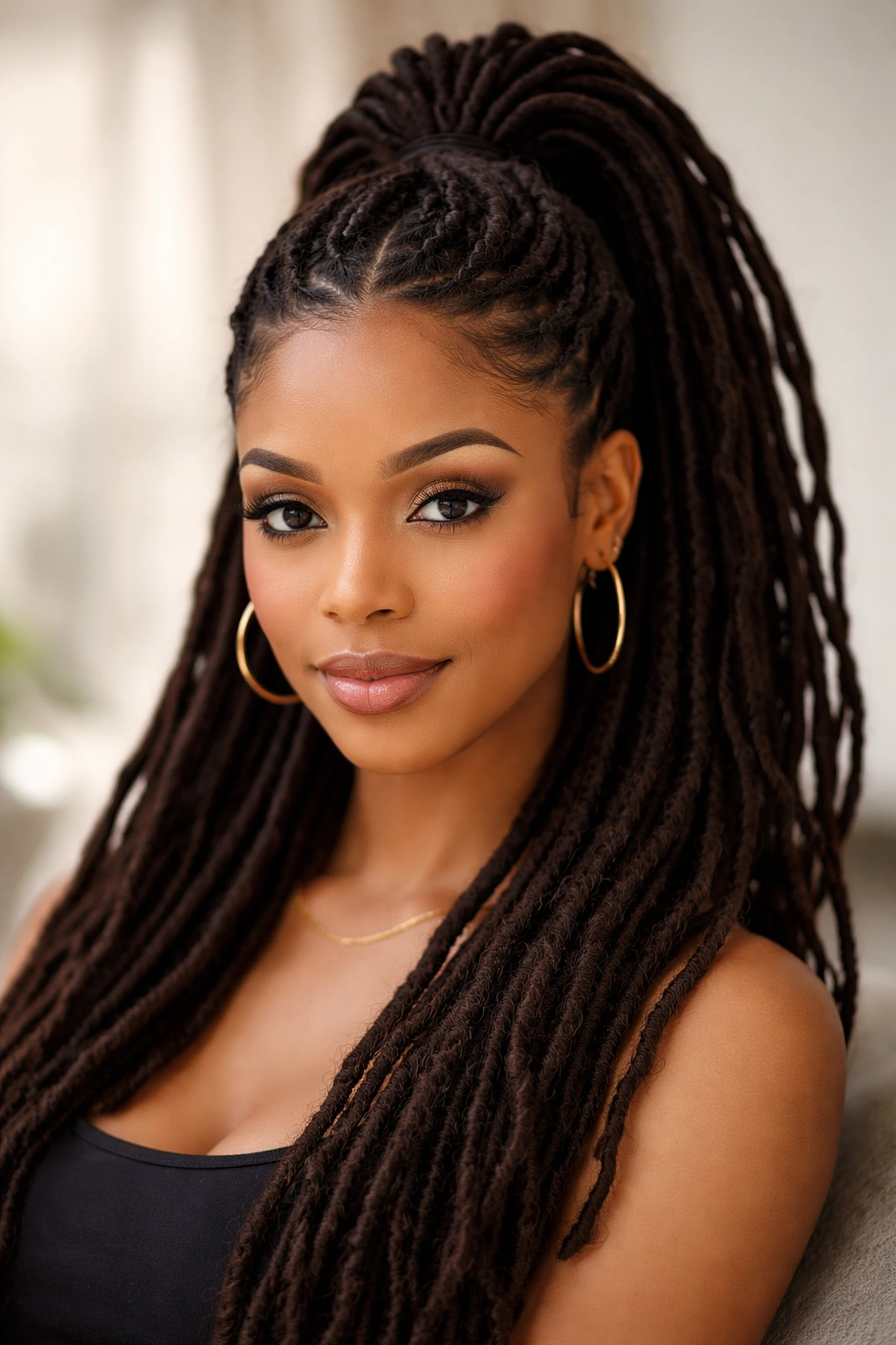 Twisted crown at the hairline leading into a high ponytail with locs