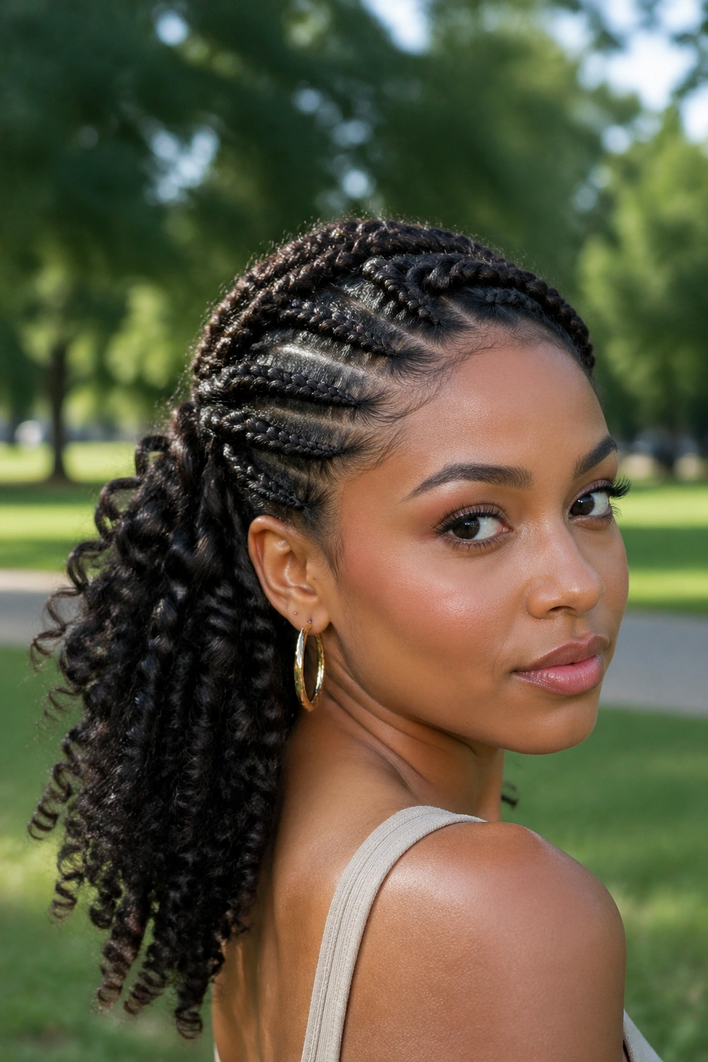 Front crown of twists with loose curls at back hairstyle at festival