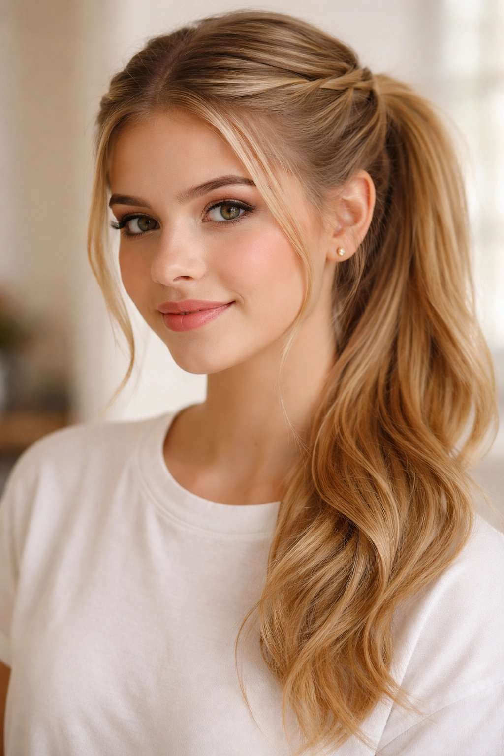 Front view of twisted crown with pinned sections and a ponytail