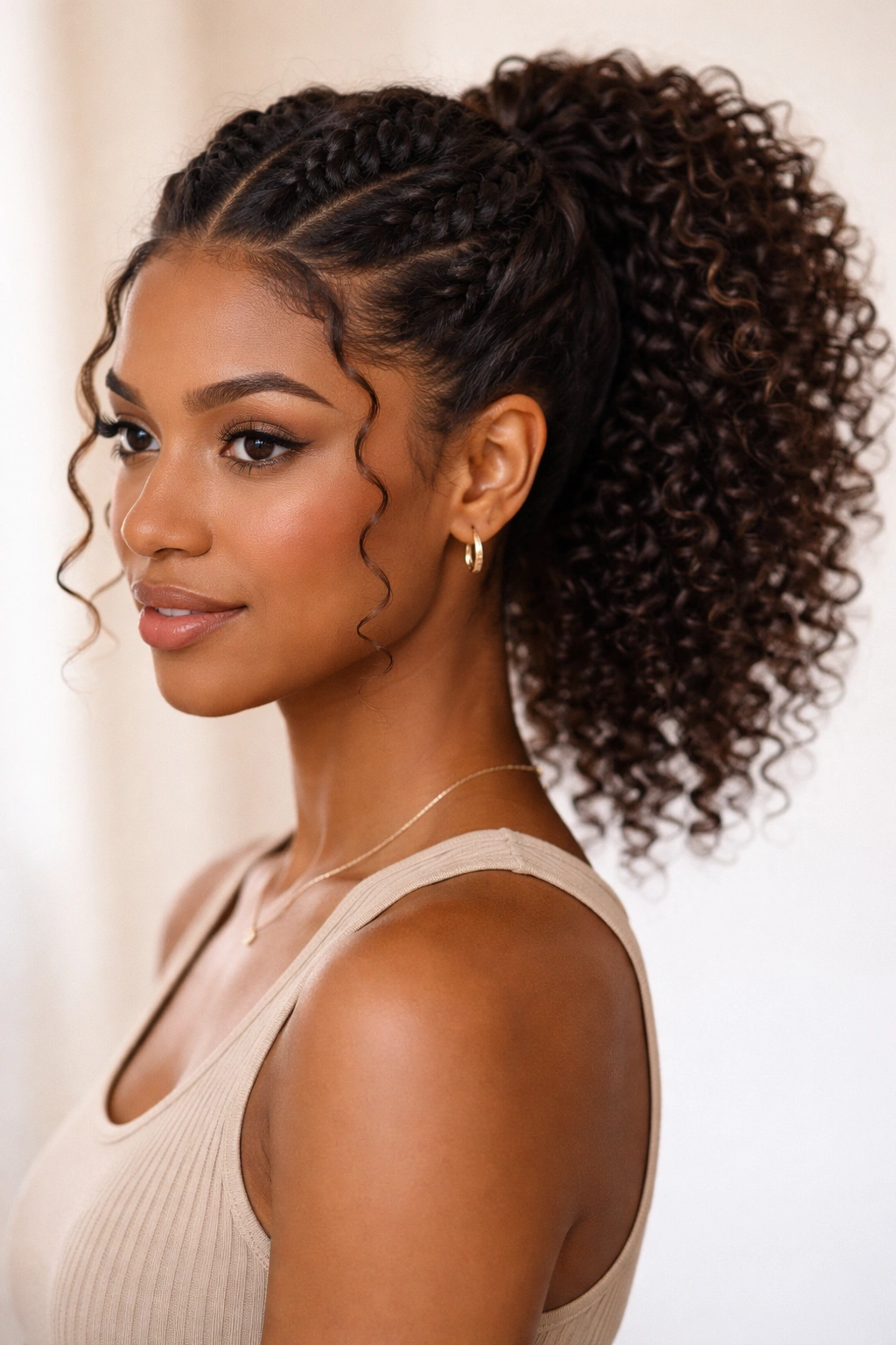 Front temple twists form a crown ponytail on 3B hair