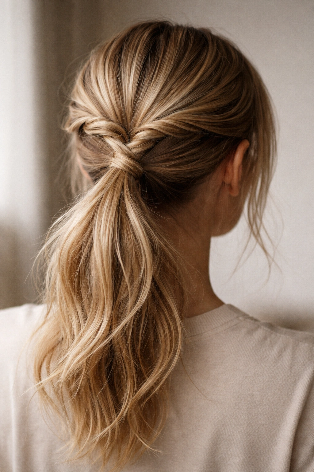 Front view of twisted crown ponytail with two small temple twists and a low pony