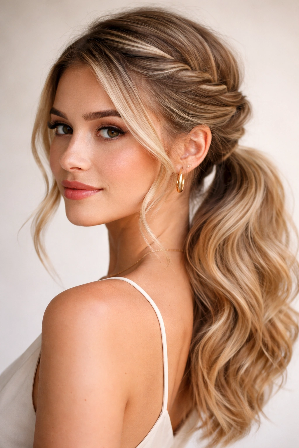 Twisted crown side ponytail with front twists pinned behind the ear
