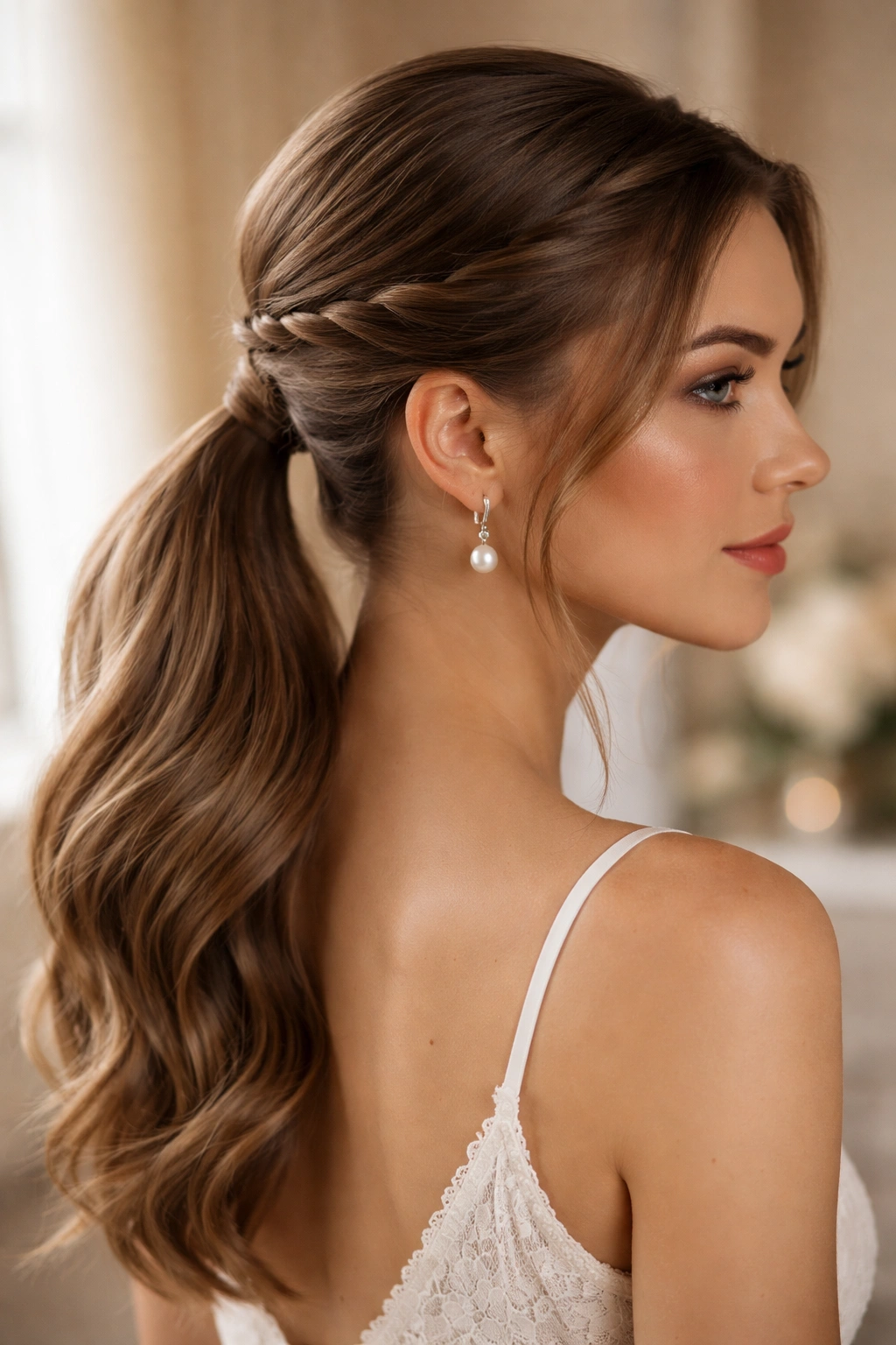 Close up of a real woman with temple twists forming a low ponytail in bridal suite light