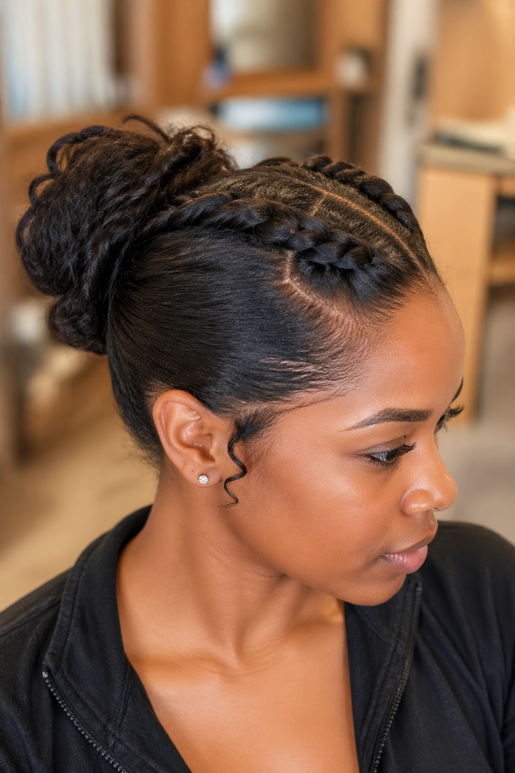 Close-up of twisted crown ponytail bun on a real woman