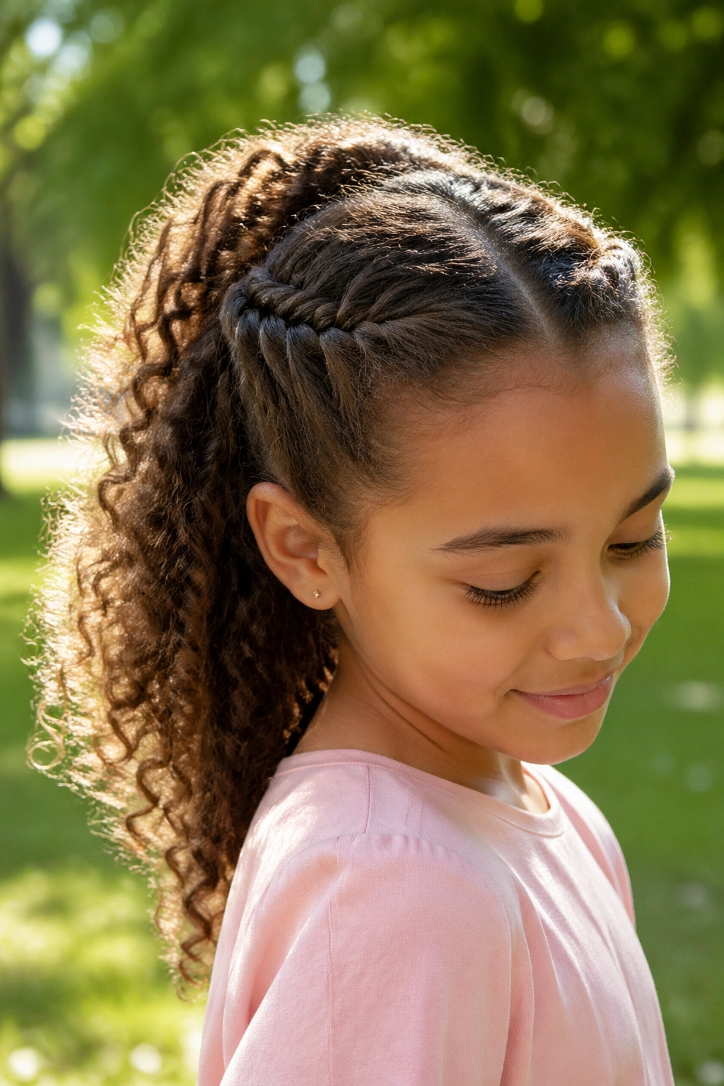 Portrait of a real girl with twisted crown ponytail outdoors in a park