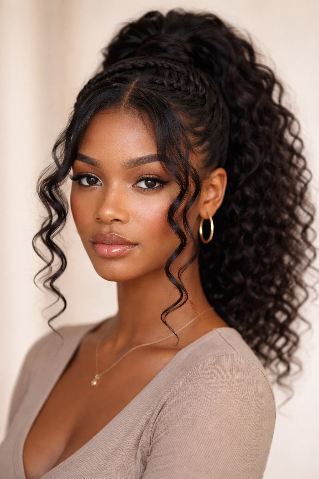 Twisted crown ponytail with loose front coils framing the face in a studio setting