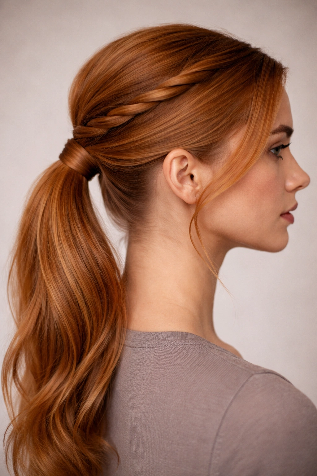 Close-up of two temple twists pinned into a low ponytail on ginger hair