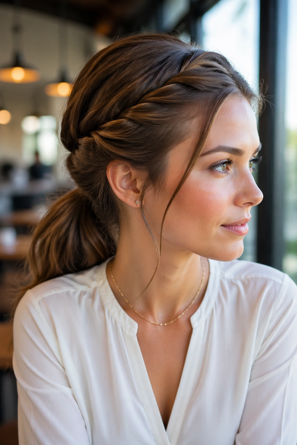 Close-up of a real woman with Twisted Crown Ponytail showing temple twists