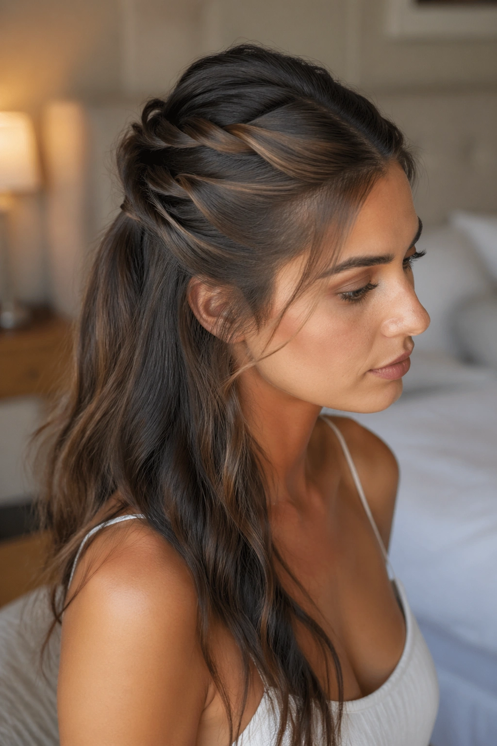 Close-up of a real woman with a twisted crown half up ponytail in warm window light