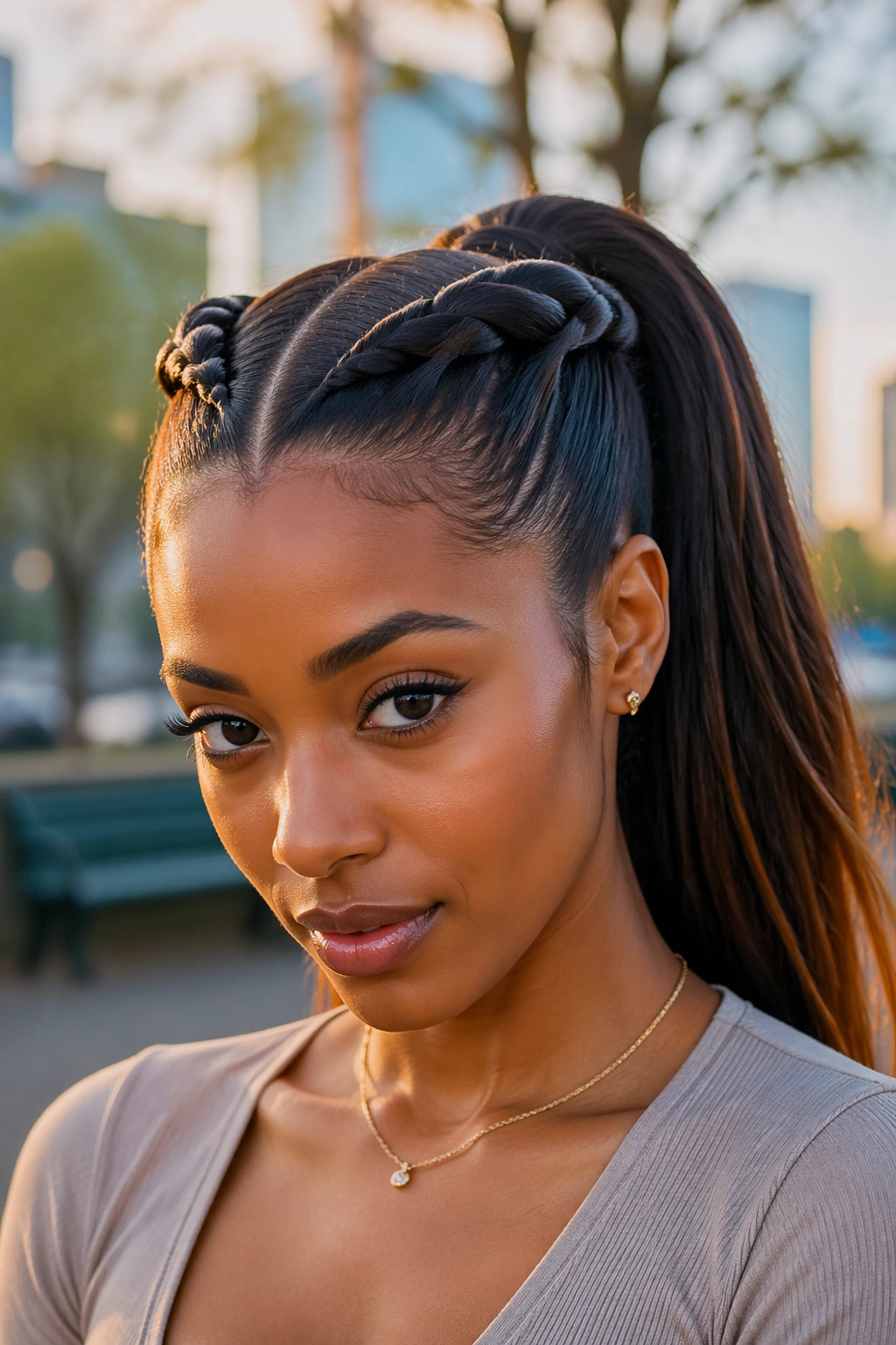 Close-up of a real woman with twisted crown at the front meeting into a ponytail