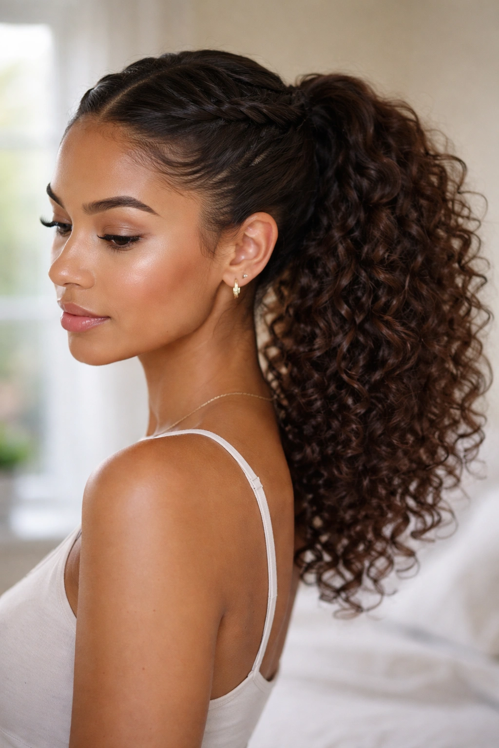 Close-up portrait of a real woman with twisted crown ponytail
