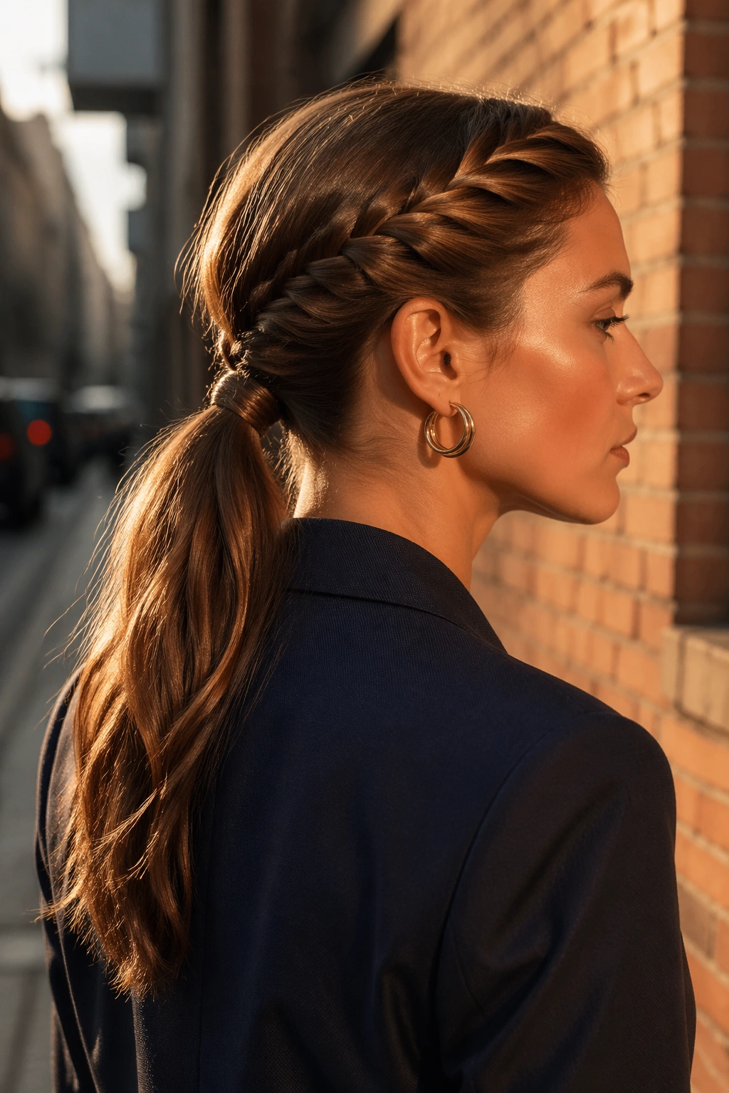 Twisted crown ponytail seen from side profile in golden hour.