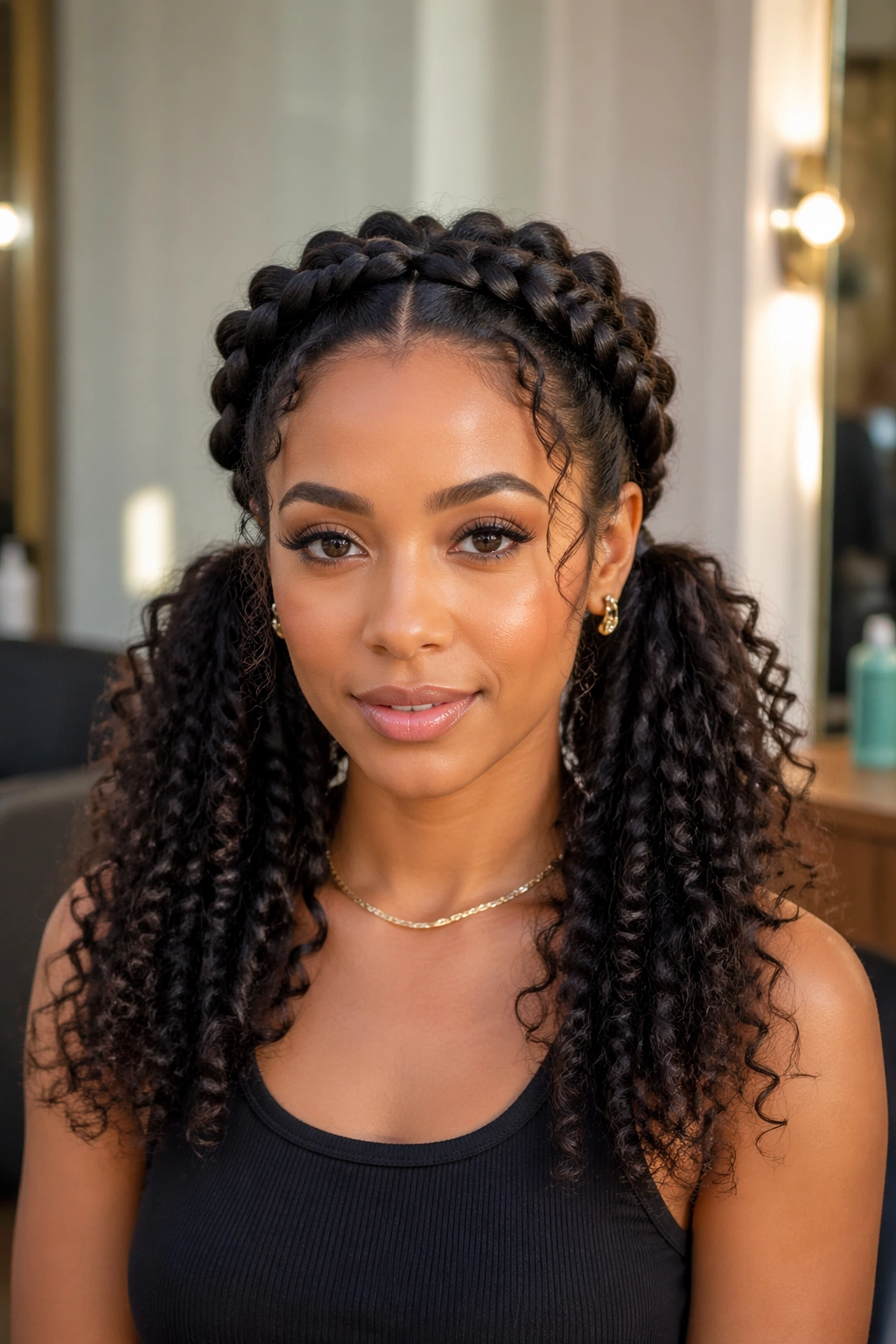 Close-up of a real woman with a twisted crown and two ponytails