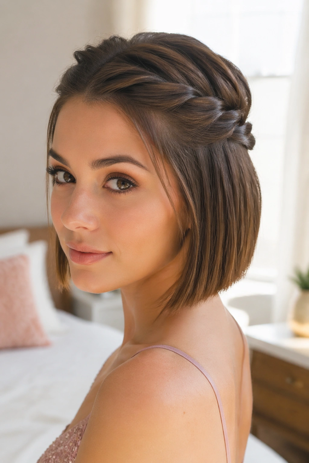 Close-up of a real woman with a sleek twisted crown on a blunt bob in a softly lit bedroom
