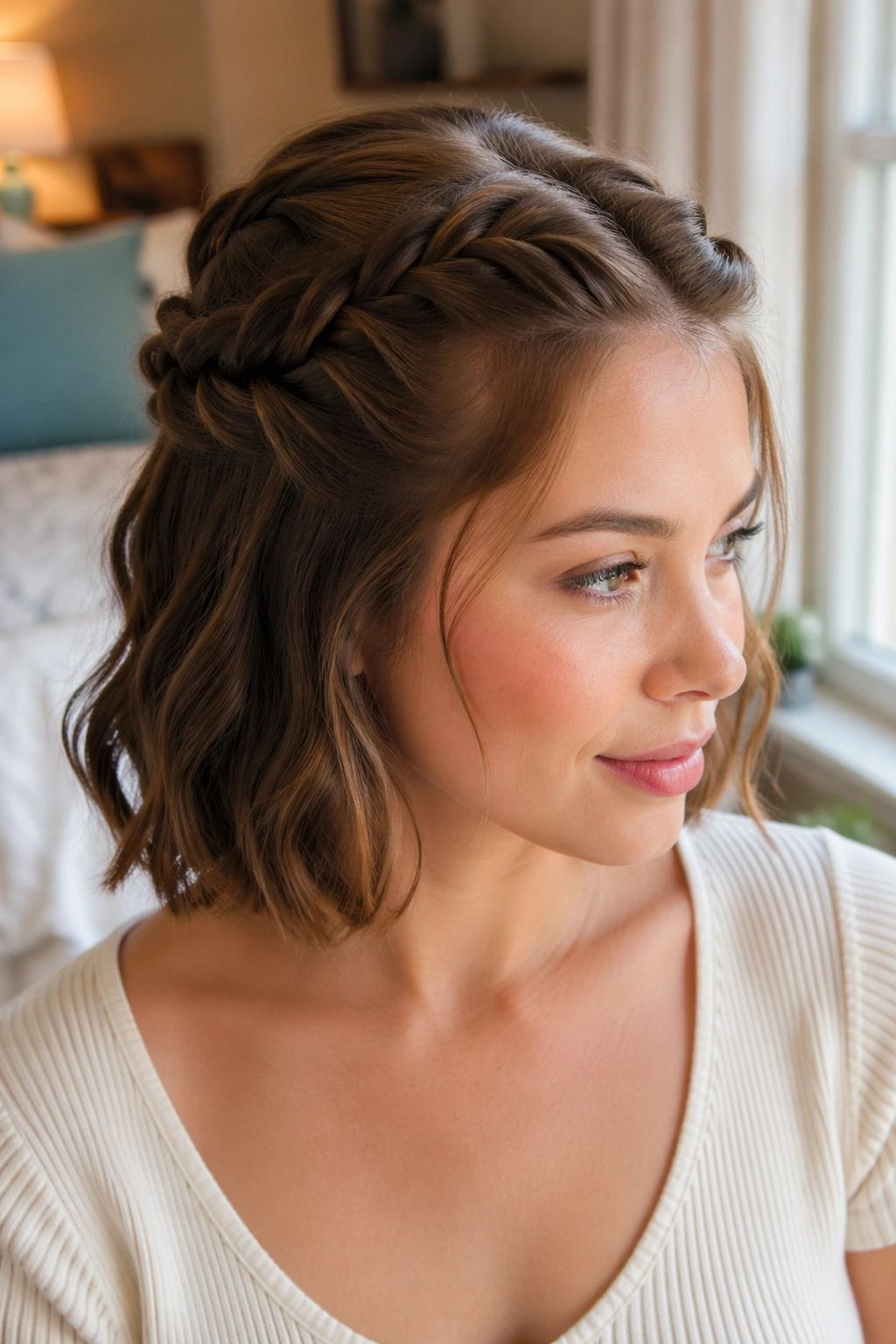 Close-up of a real woman wearing a twisted crown hairstyle on short hair with loose curled ends