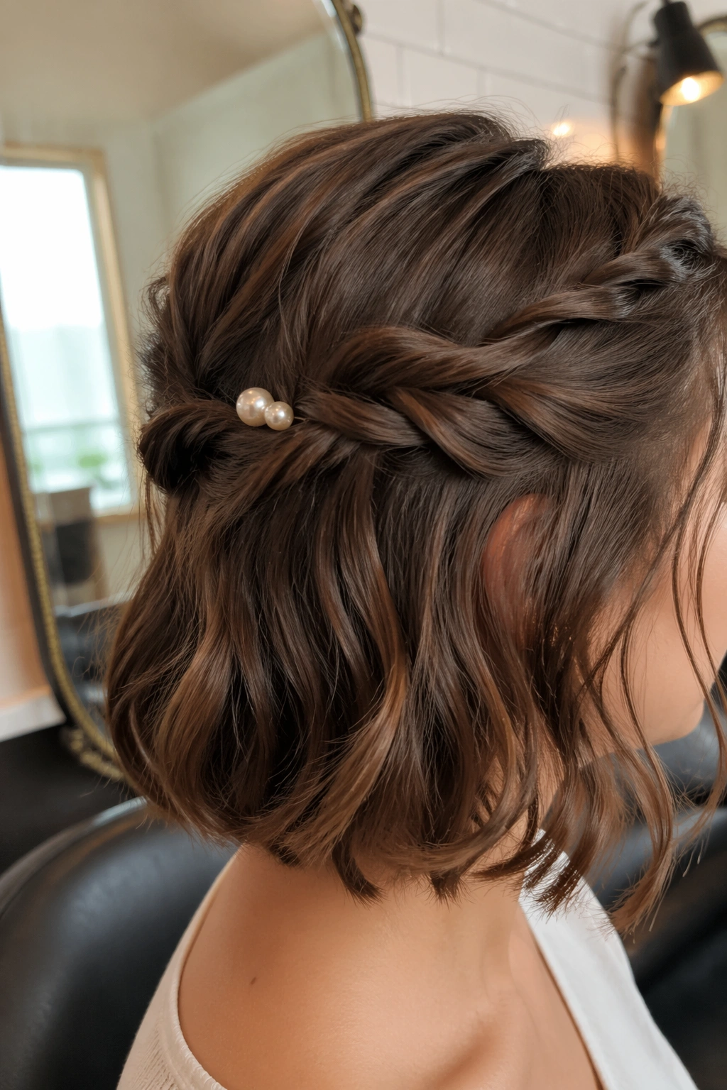 Close-up of twisted crown hairstyle on a short bob.