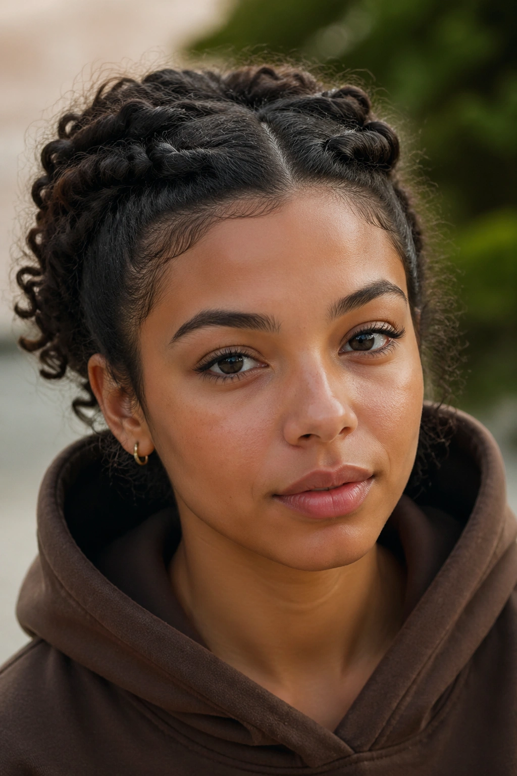 Close-up of a real person with two front twists pinned near the crown under a hood