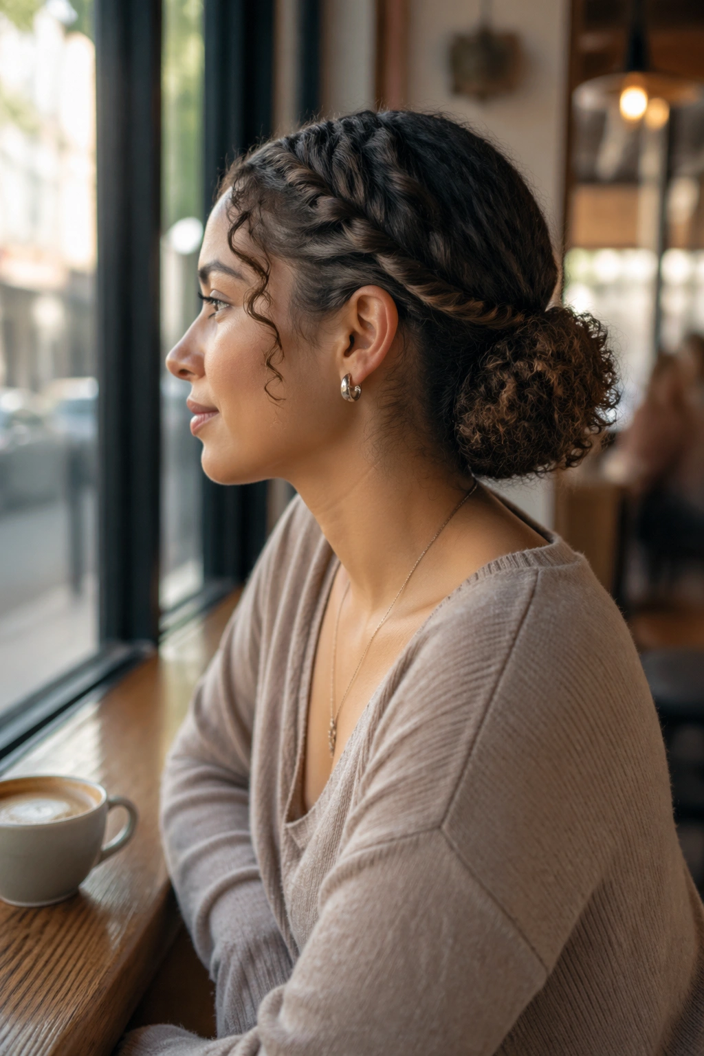 Side profile showing twisted crown updo at a cafe window