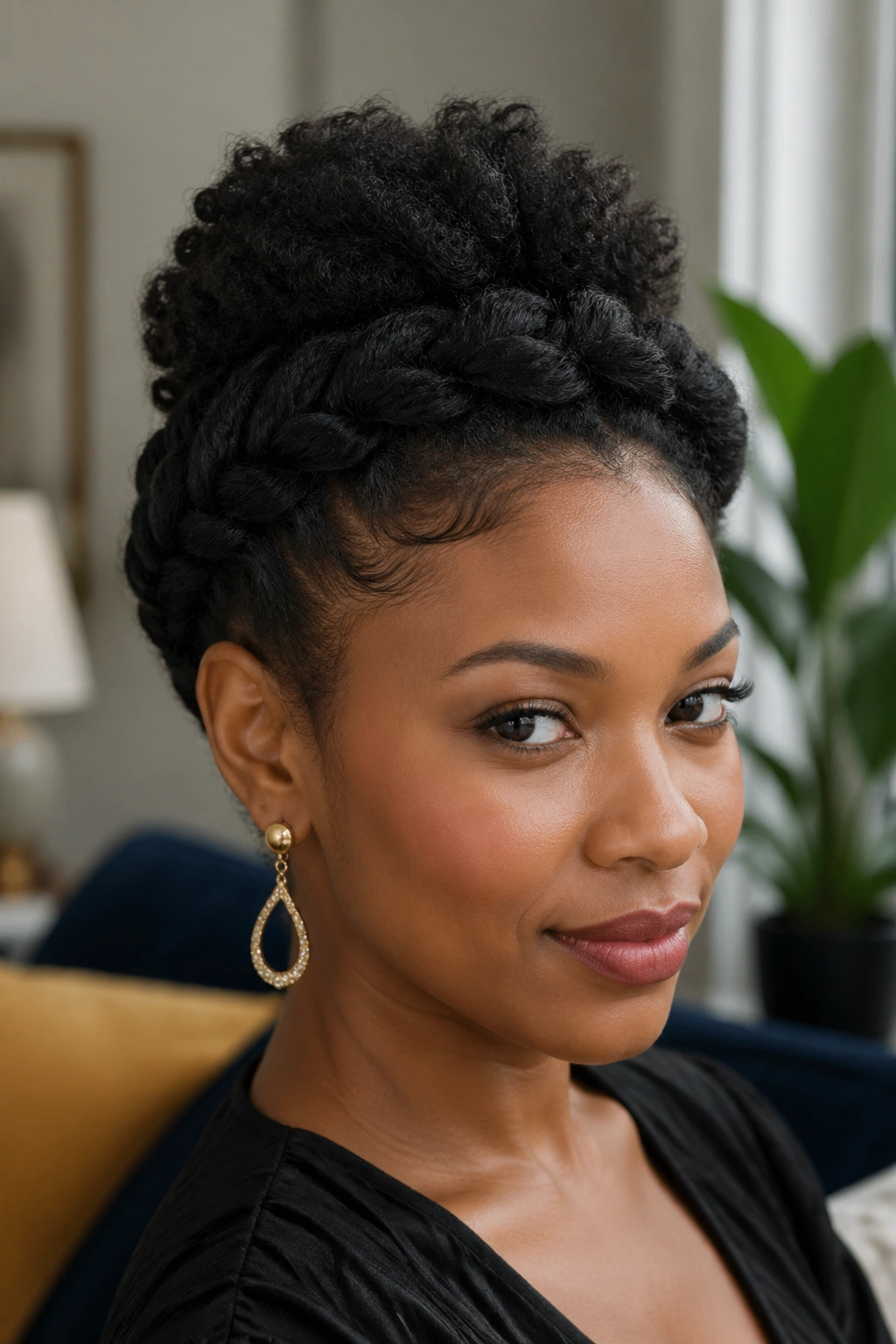 Close-up of woman with twisted crown updo and central puff