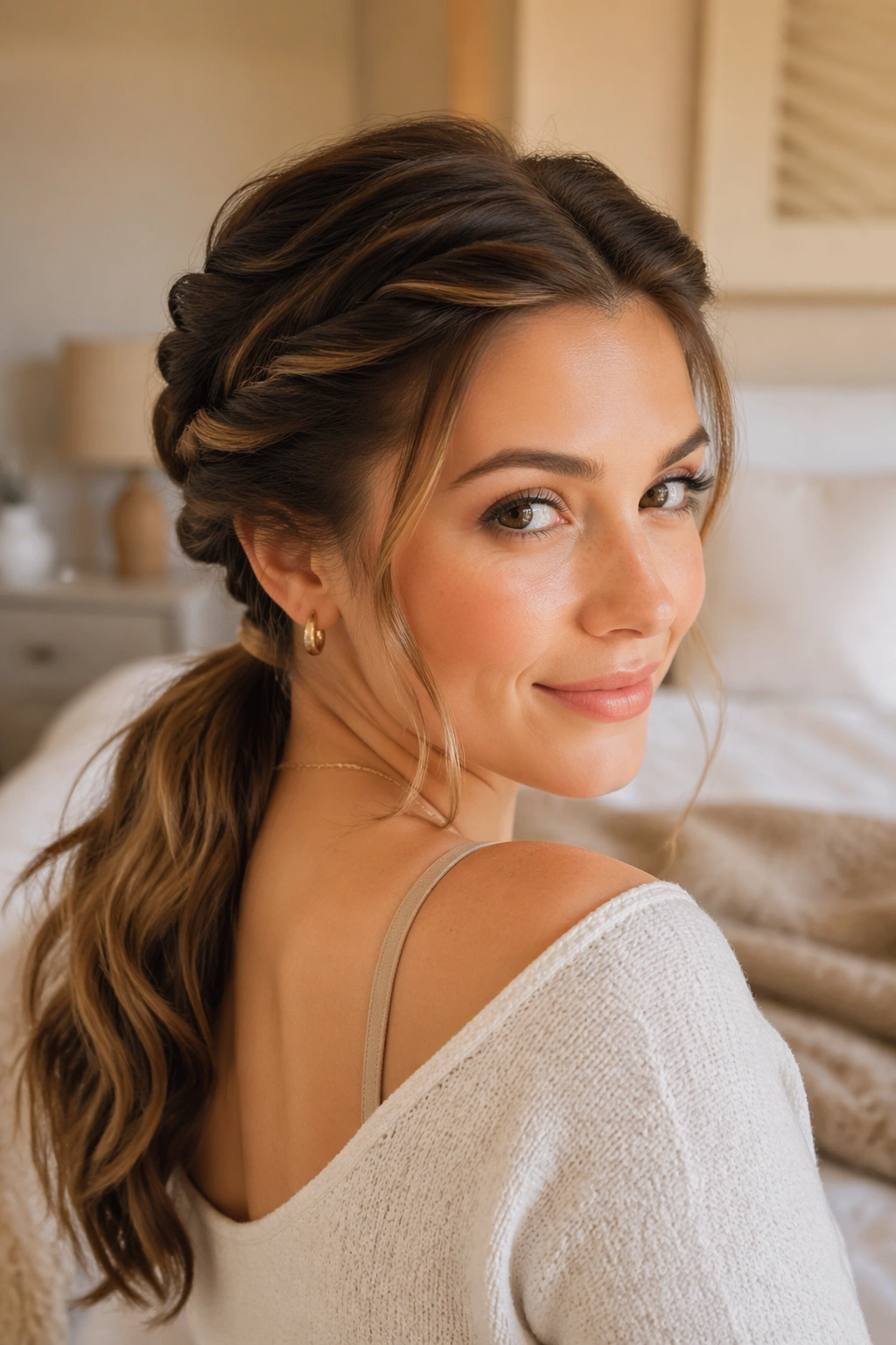 Close-up of a real woman with front twists creating a lifted face frame into a low ponytail
