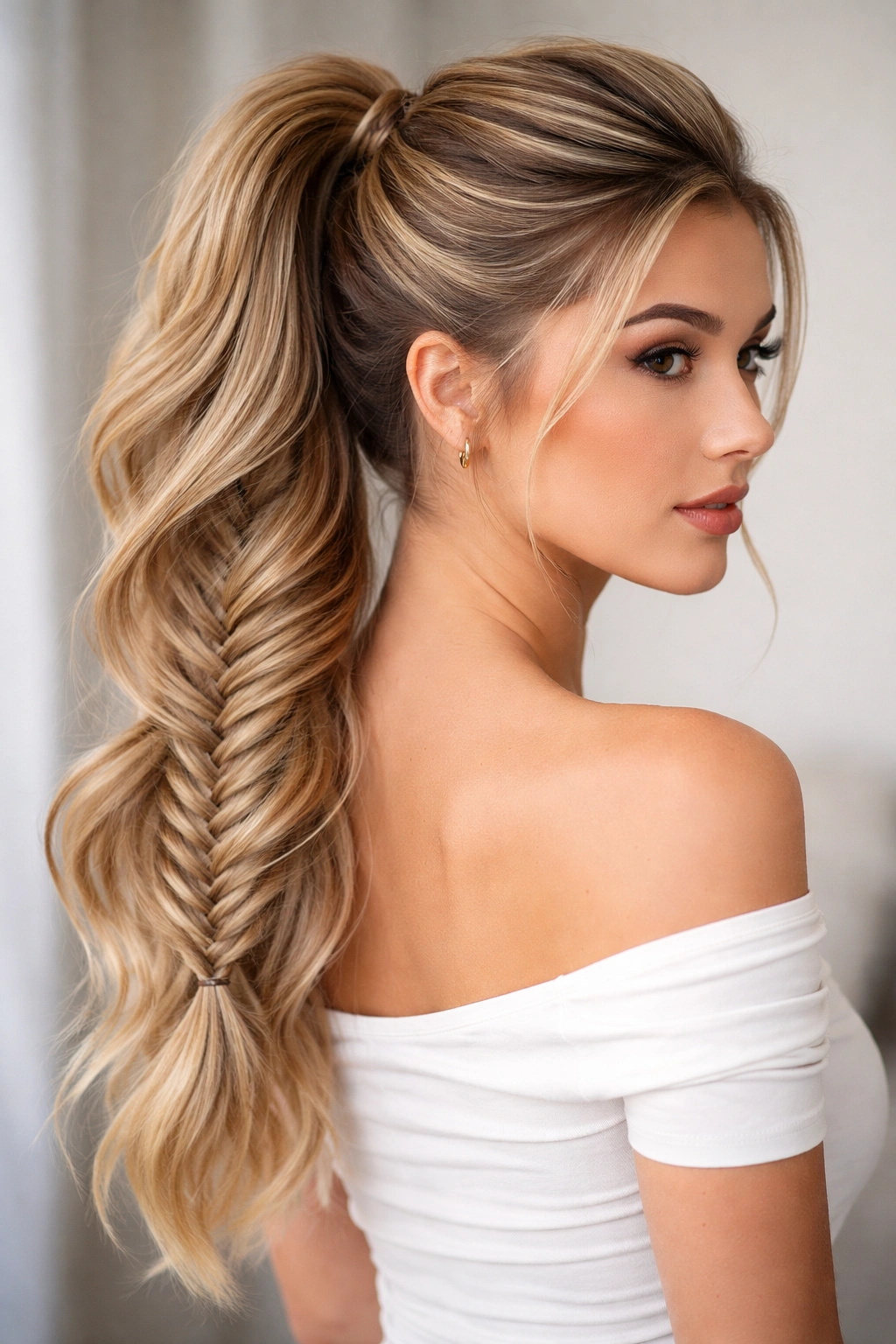 High ponytail with a root twist leading into a fishtail braid for added fullness