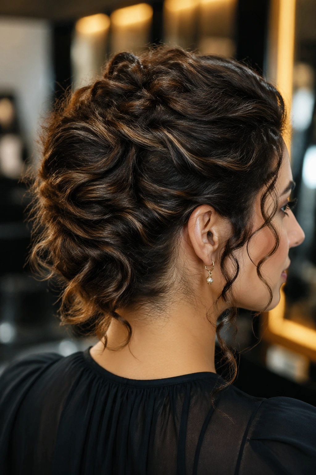 Close-up of a woman with a twisted French roll and soft curl ends