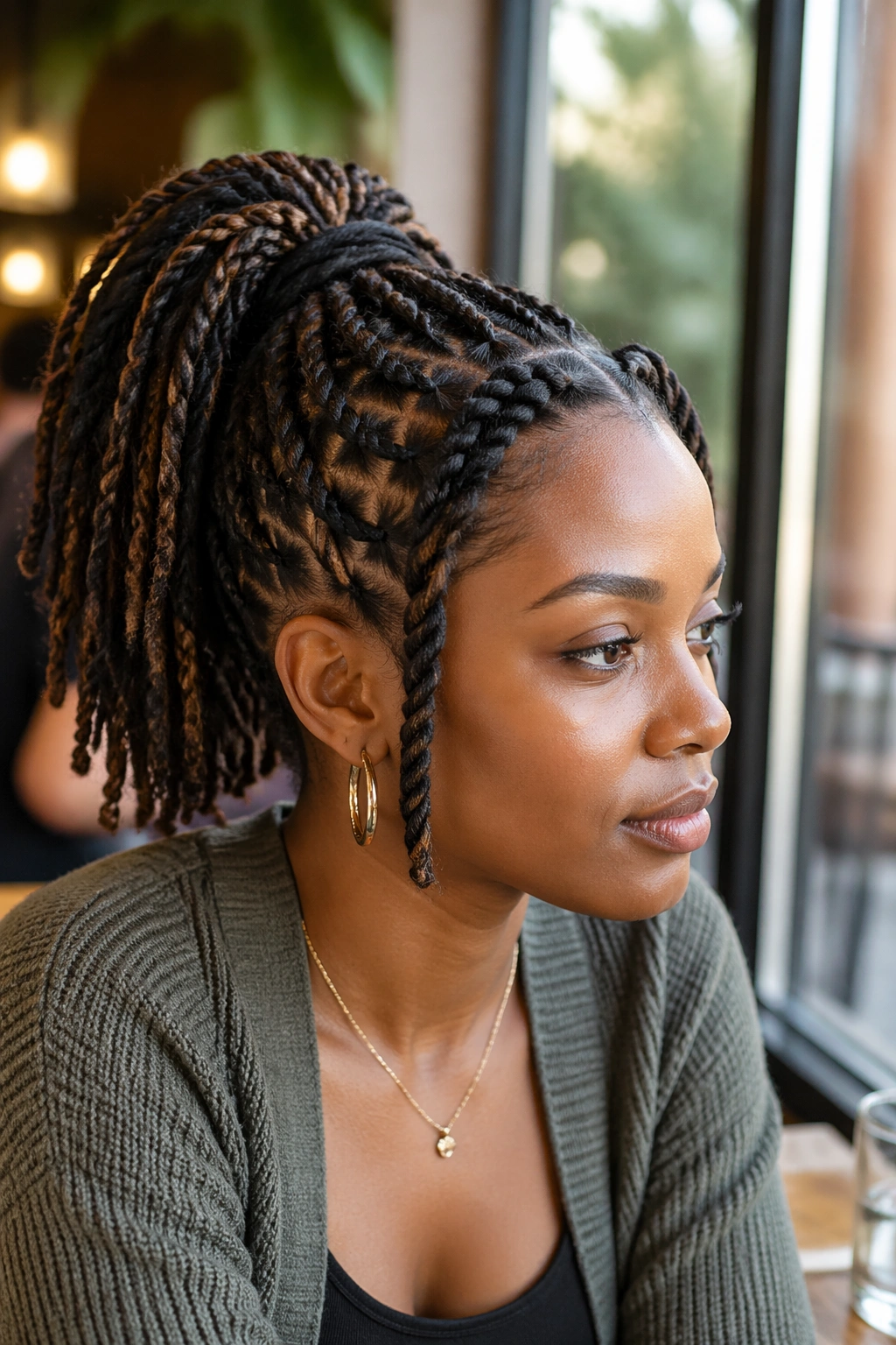 Real woman with two front twists feeding into a butterfly braid ponytail, soft rounded front.