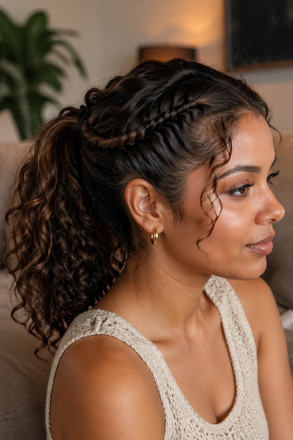 Close-up of a real woman with twisted-front ponytail and loose curls.