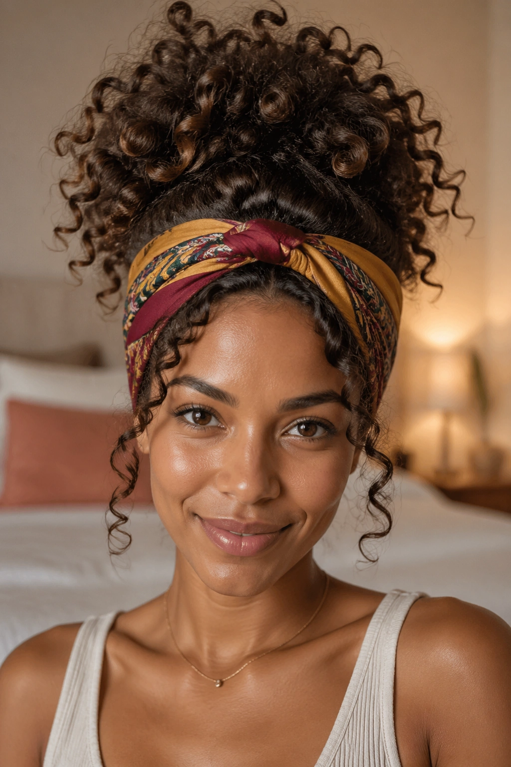 Close-up of a real woman wearing a twisted front pineapple wrap with a crown pineapple.