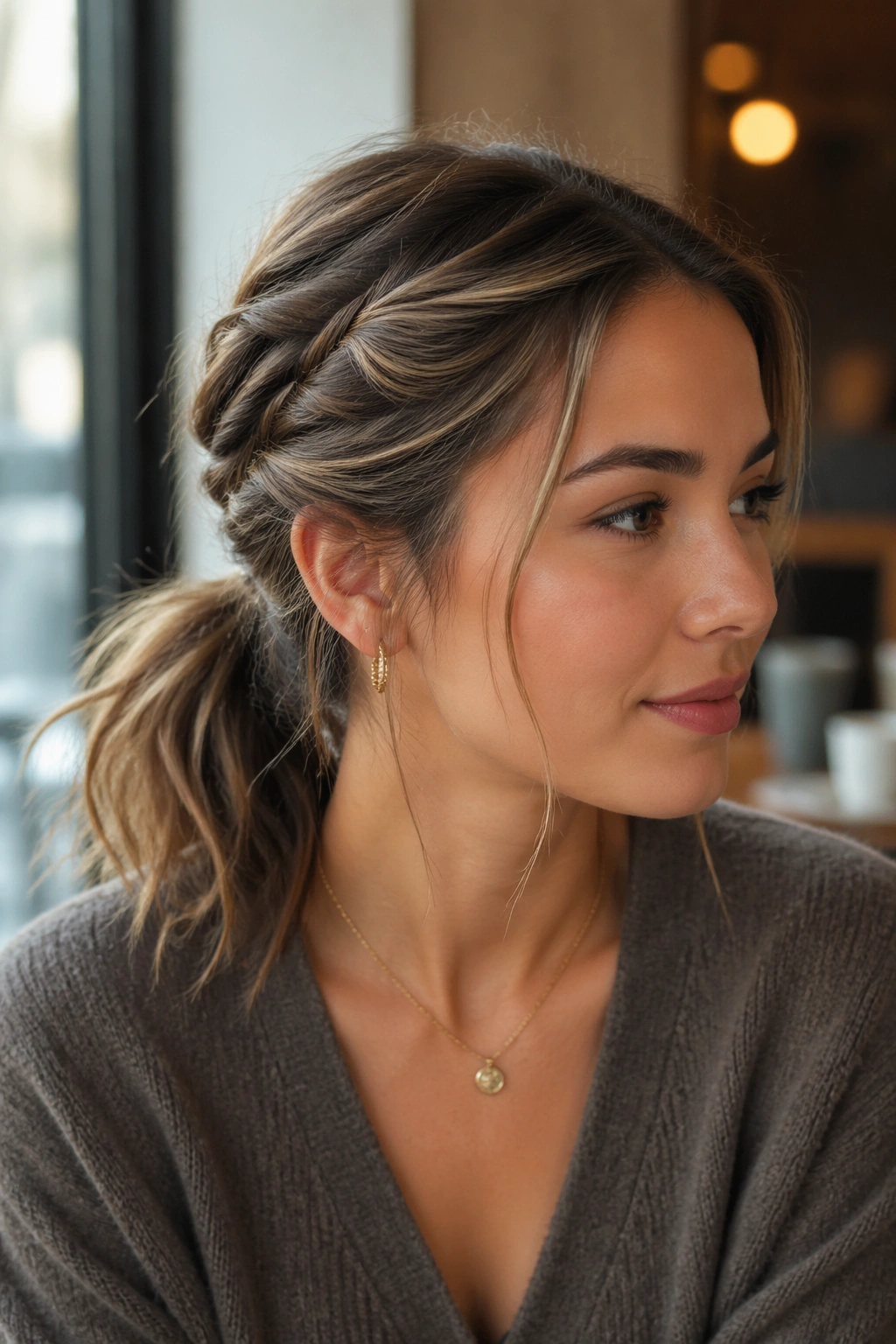 Close-up of a real woman with twisted-front messy ponytail