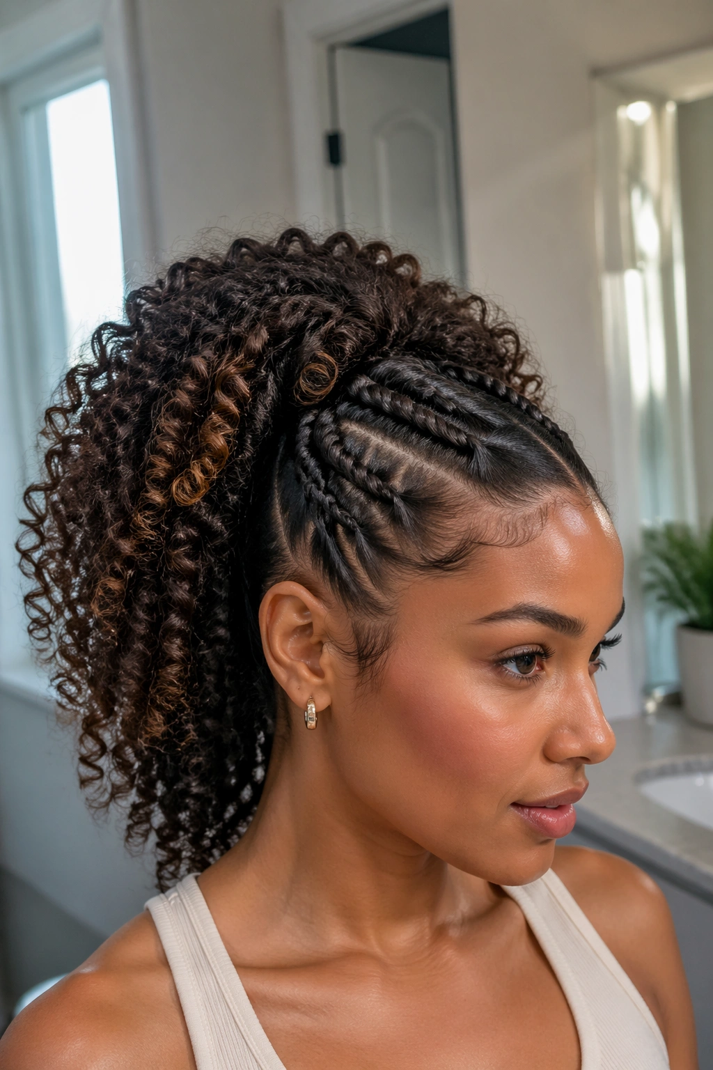 Close-up of a real woman with twisted front ponytail on thick curly hair