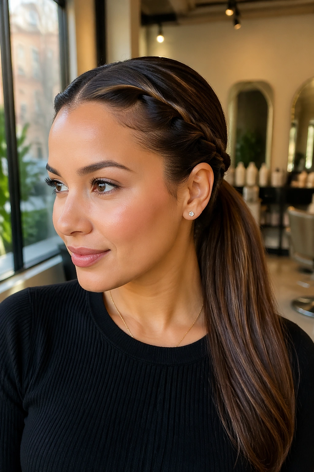 Real woman with two flat twists at the hairline framing a sleek ponytail.