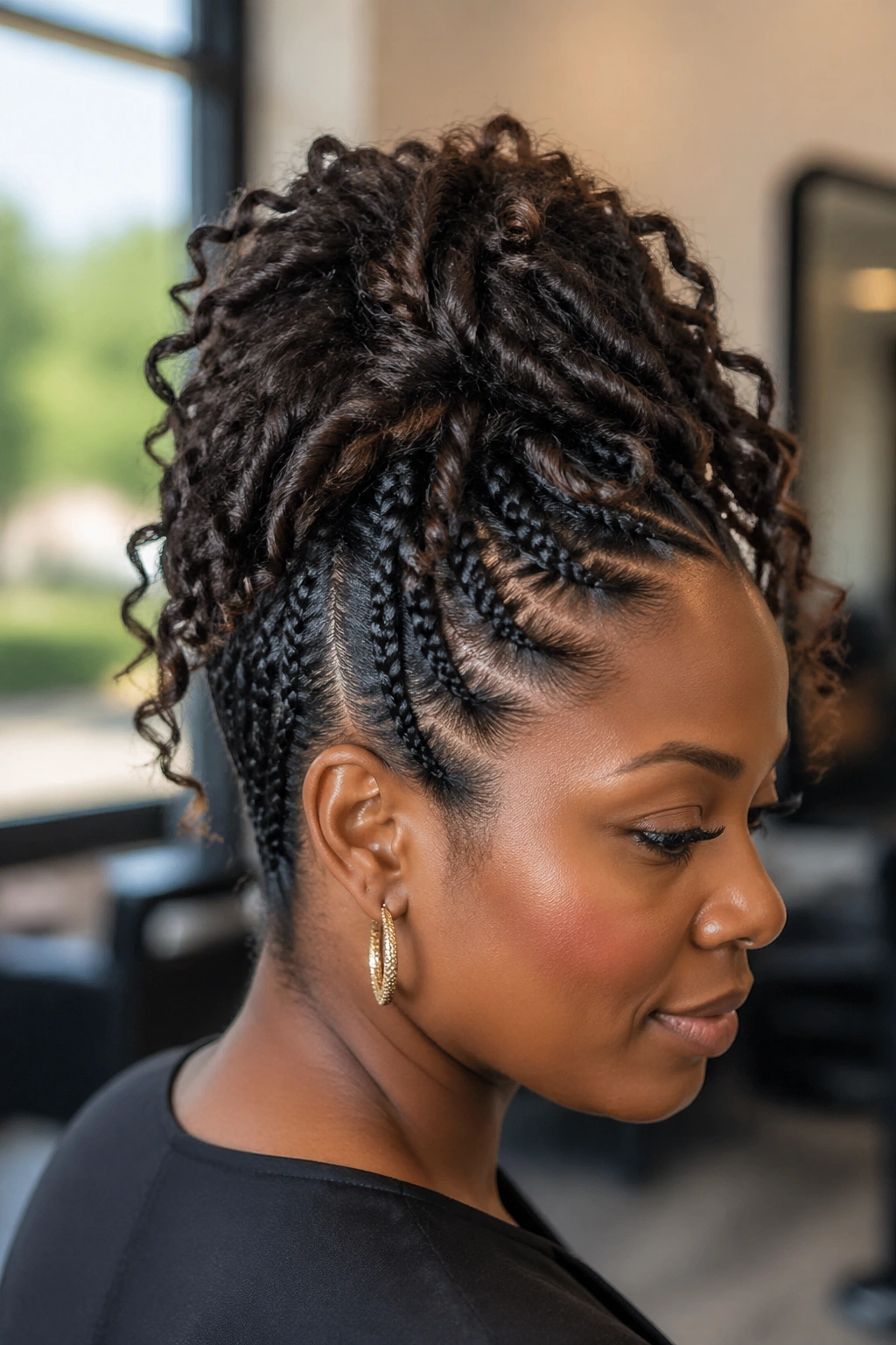 Close-up of real woman with Twisted Goddess Updo featuring flat twists and loose curls.