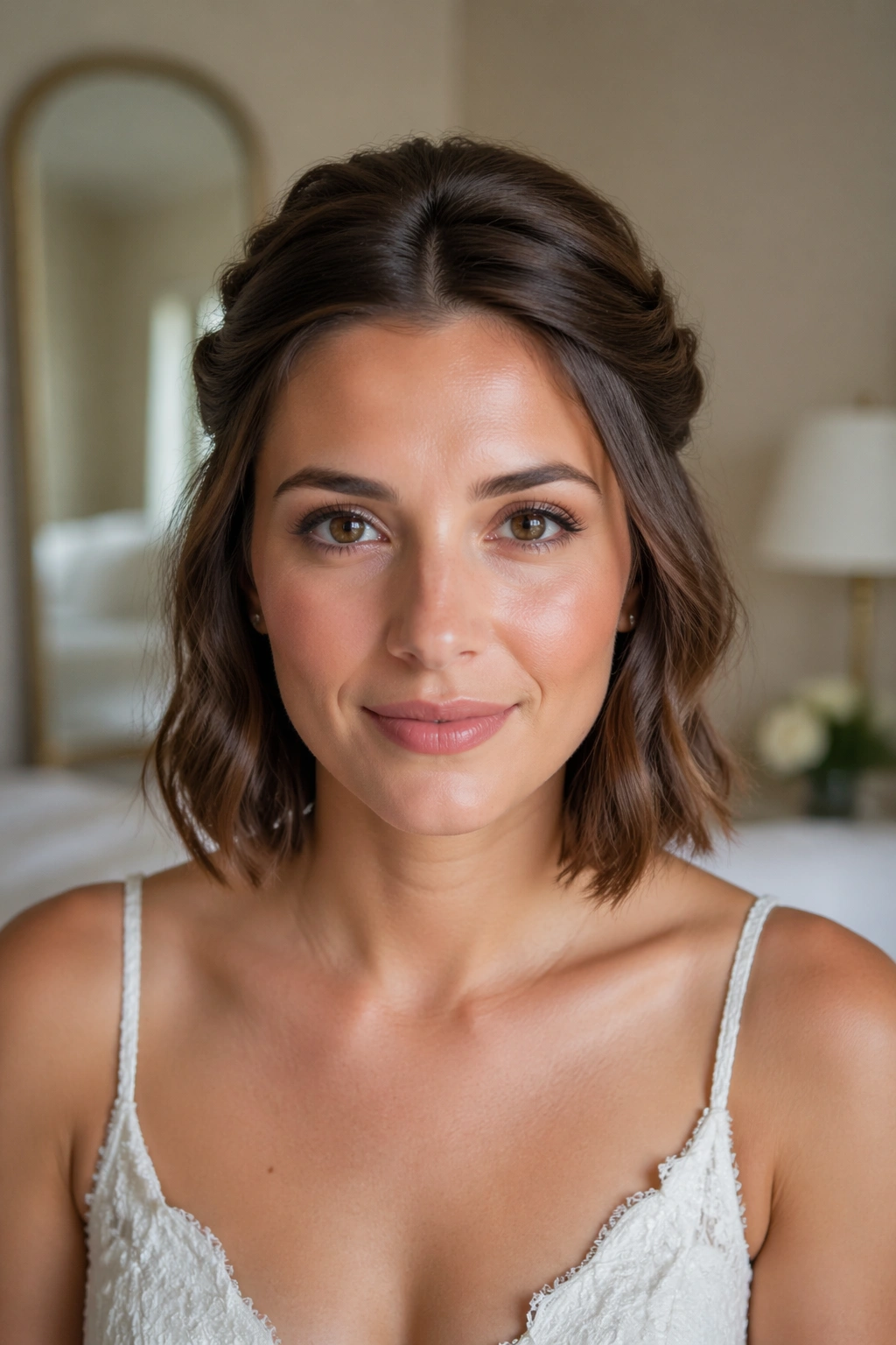Close-up of real woman with a twisted half ponytail on chin-length hair in a bridal suite.