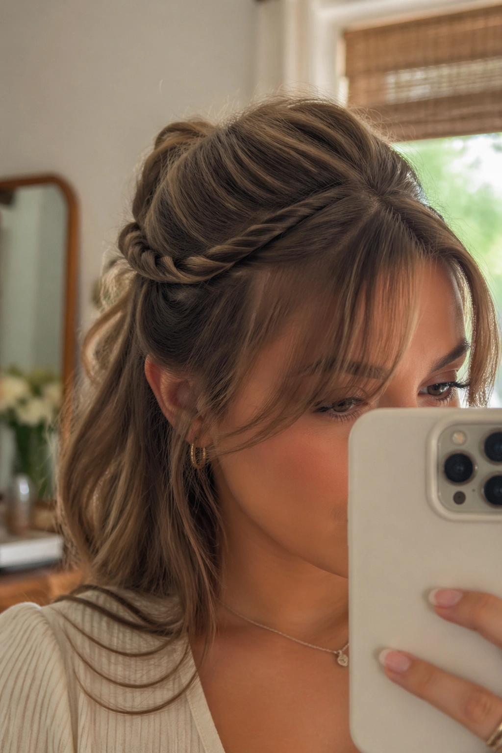 Close-up of twist and face-framing bangs in a half-up ponytail.