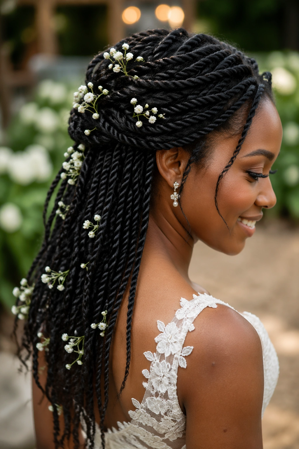 Close-up of bride with twisted half-updo and small white flowers