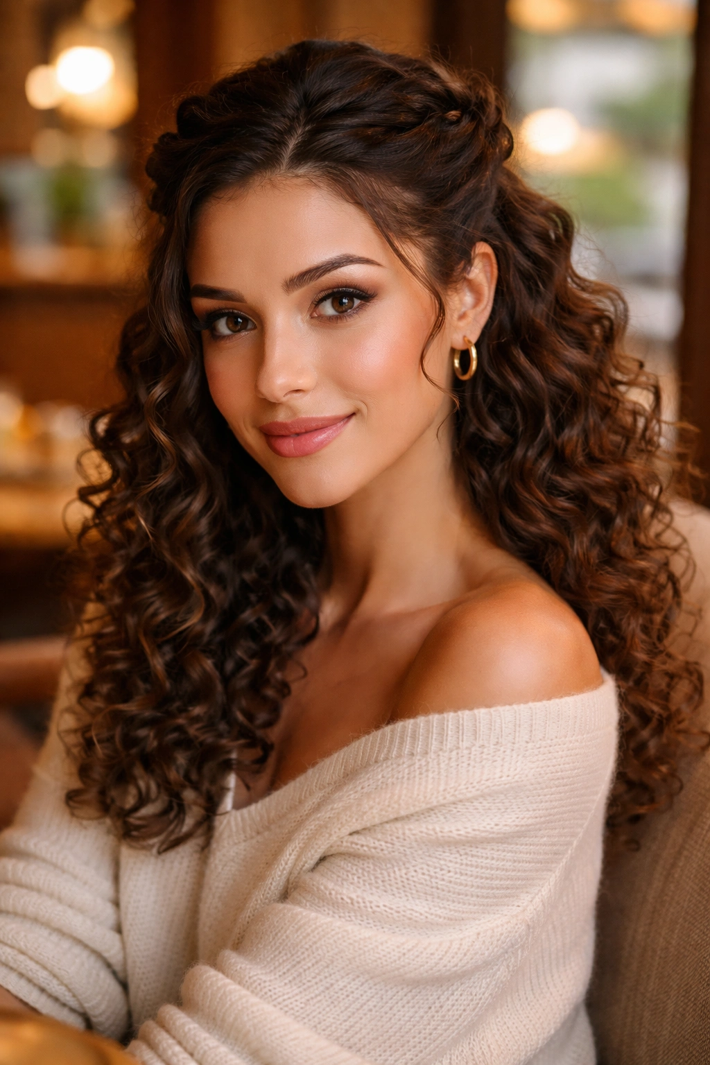 Close-up of twisted crown hairstyle on a real woman in a cafe setting with warm light