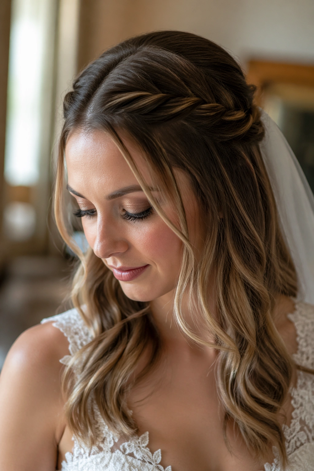 Close-up of a real bride featuring the Classic Twisted Half-Up Crown hairstyle