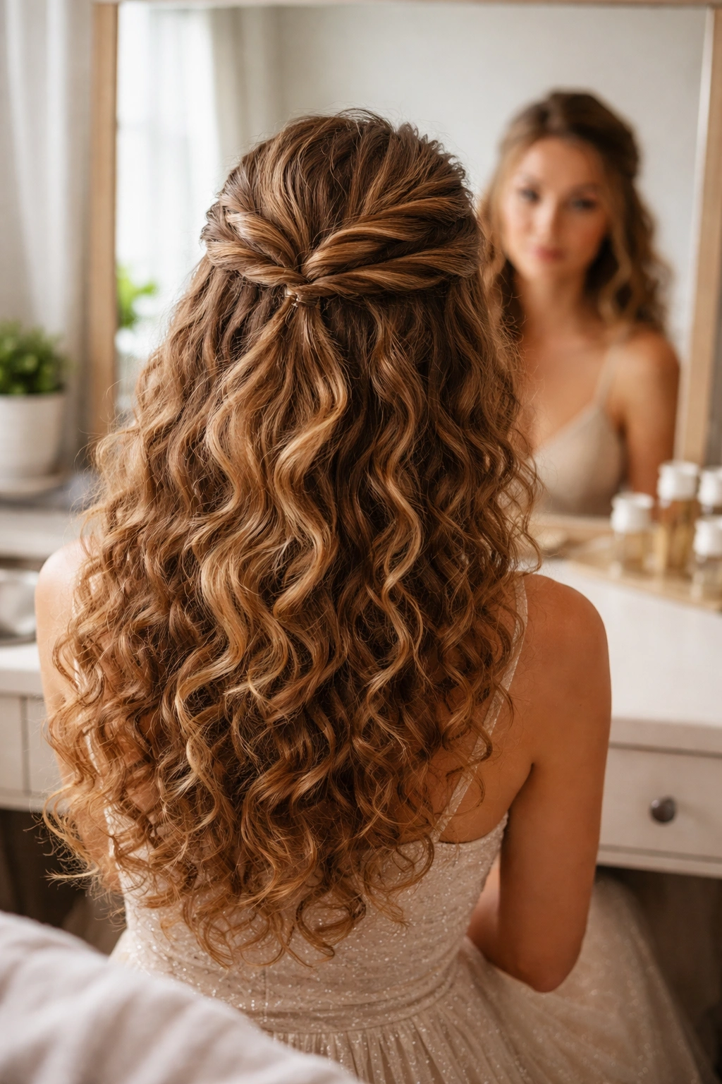 Over-the-shoulder view of twisted half-up crown hairstyle in mirror.