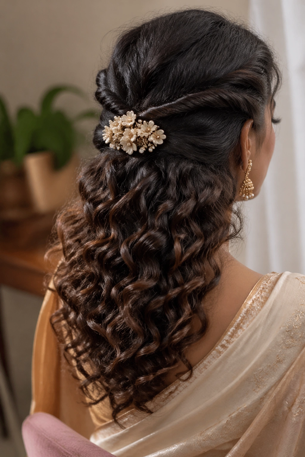 Real woman with twisted half-up hairstyle and floral clip
